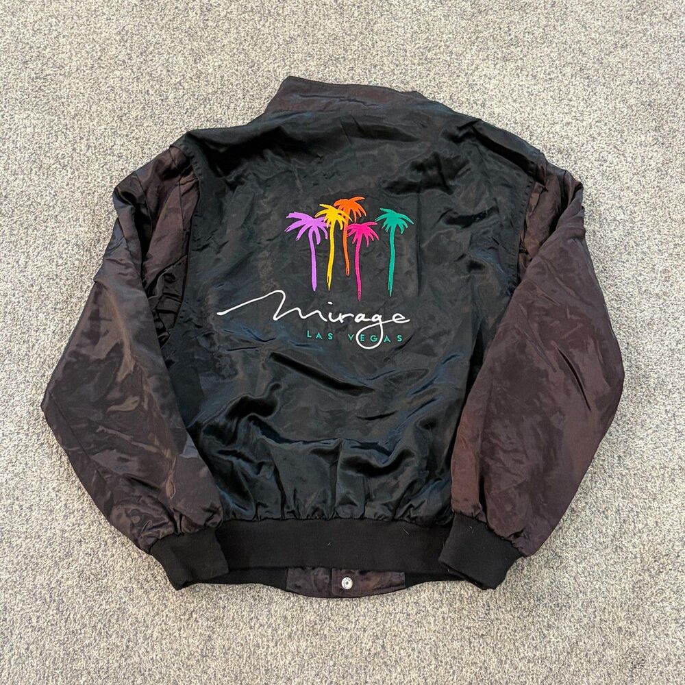 Vintage 80s Mirage Las Vegas White Satin Bomber Jacket Mens Sz Medium Palm Trees